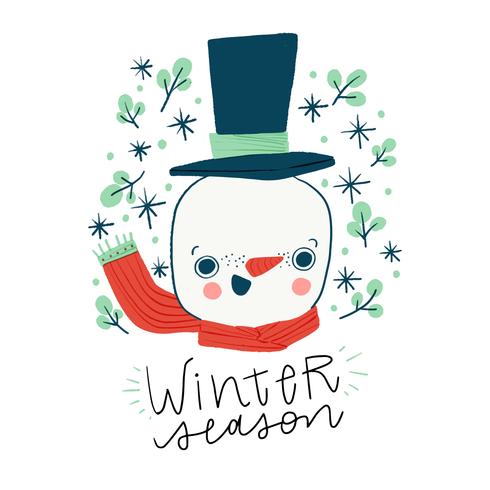 Cute Snowman Smiling and Leafs Around. vector