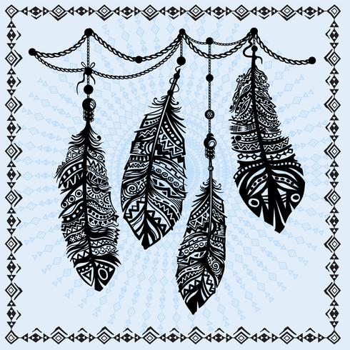 Vintage feathers ethnic pattern, tribal design, tattoo vector