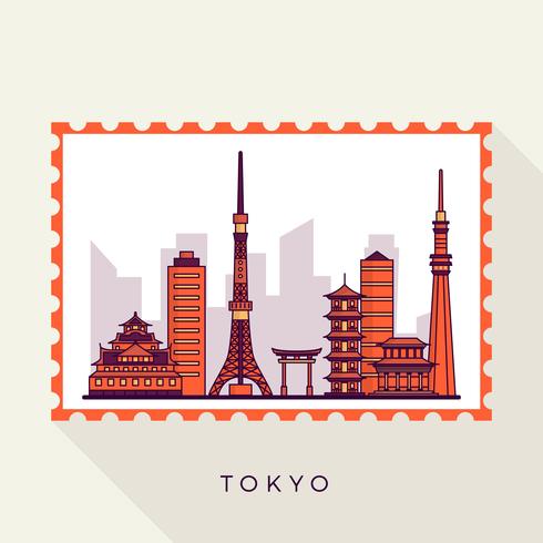 Ilustración de vector de Tokio plano paisaje estampilla de la ciudad