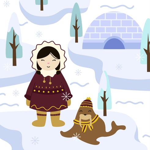 Eskimos Girl in Traditional Clothes Vector