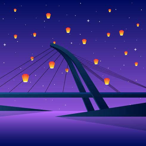 Sky Lantern Festival On Lover's Bridge Taiwan Vector Illustration