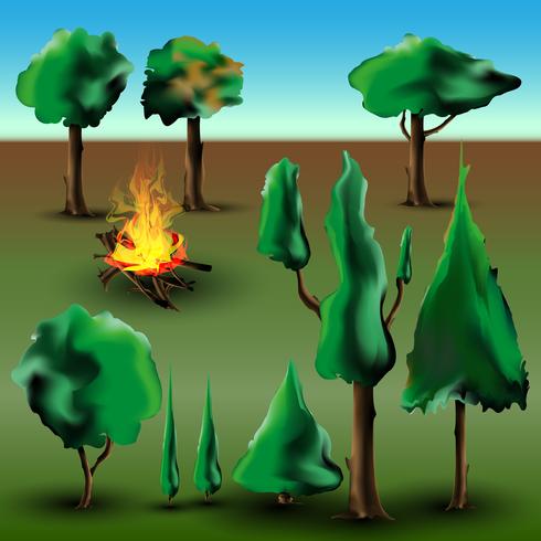 Árbol y arbusto con fuego. vector