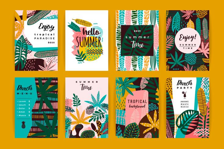 Set of abstract creative templates with tropical leaves. vector