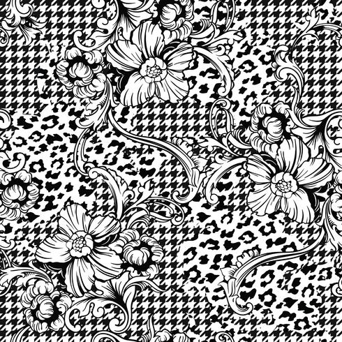 Eclectic fabric seamless pattern. Animal and plaid background with baroque ornament. vector