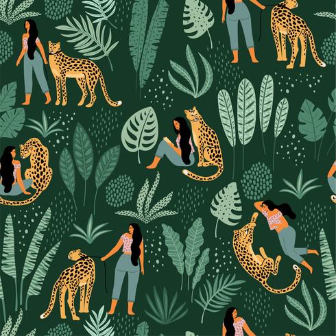 Vector seamless pattern with women, leopards and tropical leaves