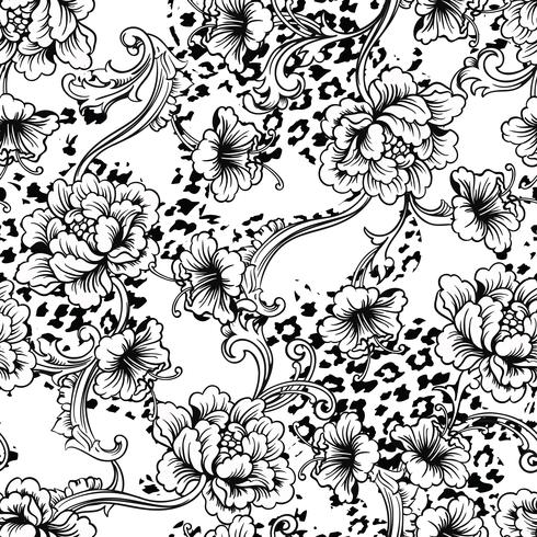 Eclectic fabric seamless pattern. Animal background with baroque ornament. vector