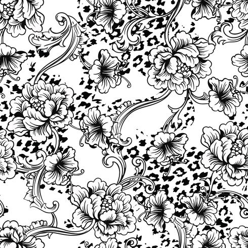 Eclectic fabric seamless pattern. Animal background with baroque ornament. vector