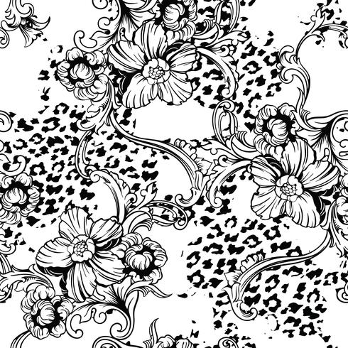 Eclectic fabric seamless pattern. Animal background with baroque ornament. vector