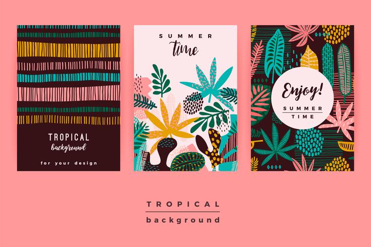 Conjunto de plantillas creativas abstractas con hojas tropicales. vector