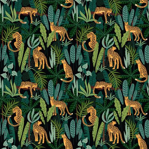 Vestor seamless pattern with leopards and tropical leaves. vector