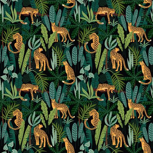 Vestor seamless pattern with leopards and tropical leaves. vector