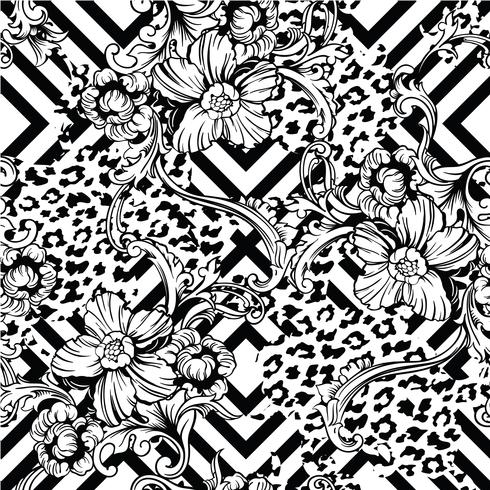 Eclectic fabric seamless pattern. Animal and geometric background with baroque ornament vector