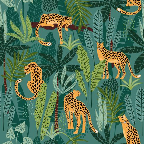 Vestor seamless pattern with leopards and tropical leaves. vector