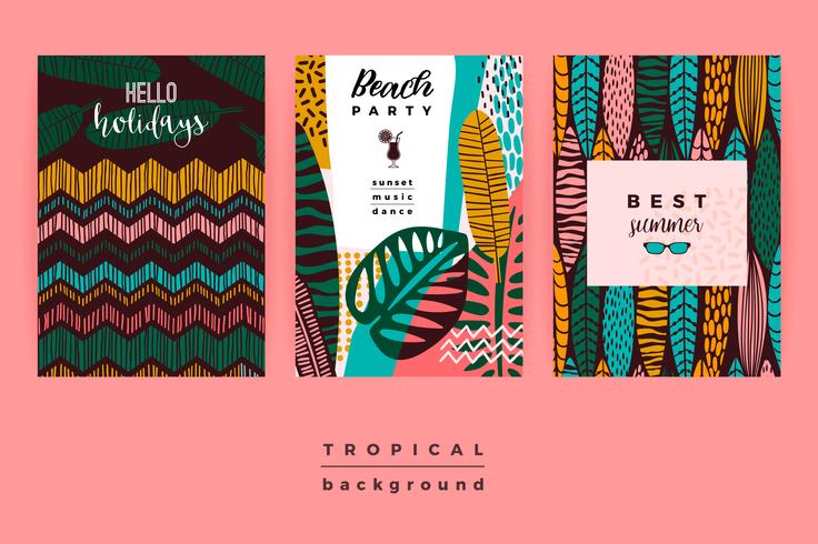 Set of abstract creative templates with tropical leaves. vector