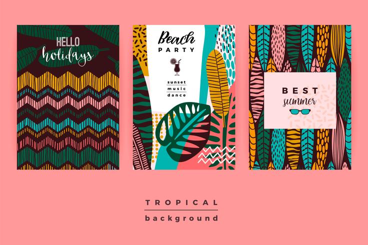 Conjunto de plantillas creativas abstractas con hojas tropicales. vector