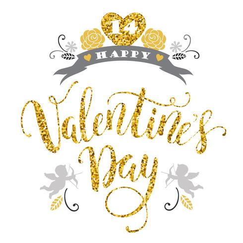 Feliz día de San Valentín. Dibujado a mano diseño de letras con textura brillo. vector