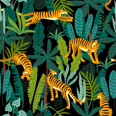 Seamless exotic pattern with tigers in the jungle. vector