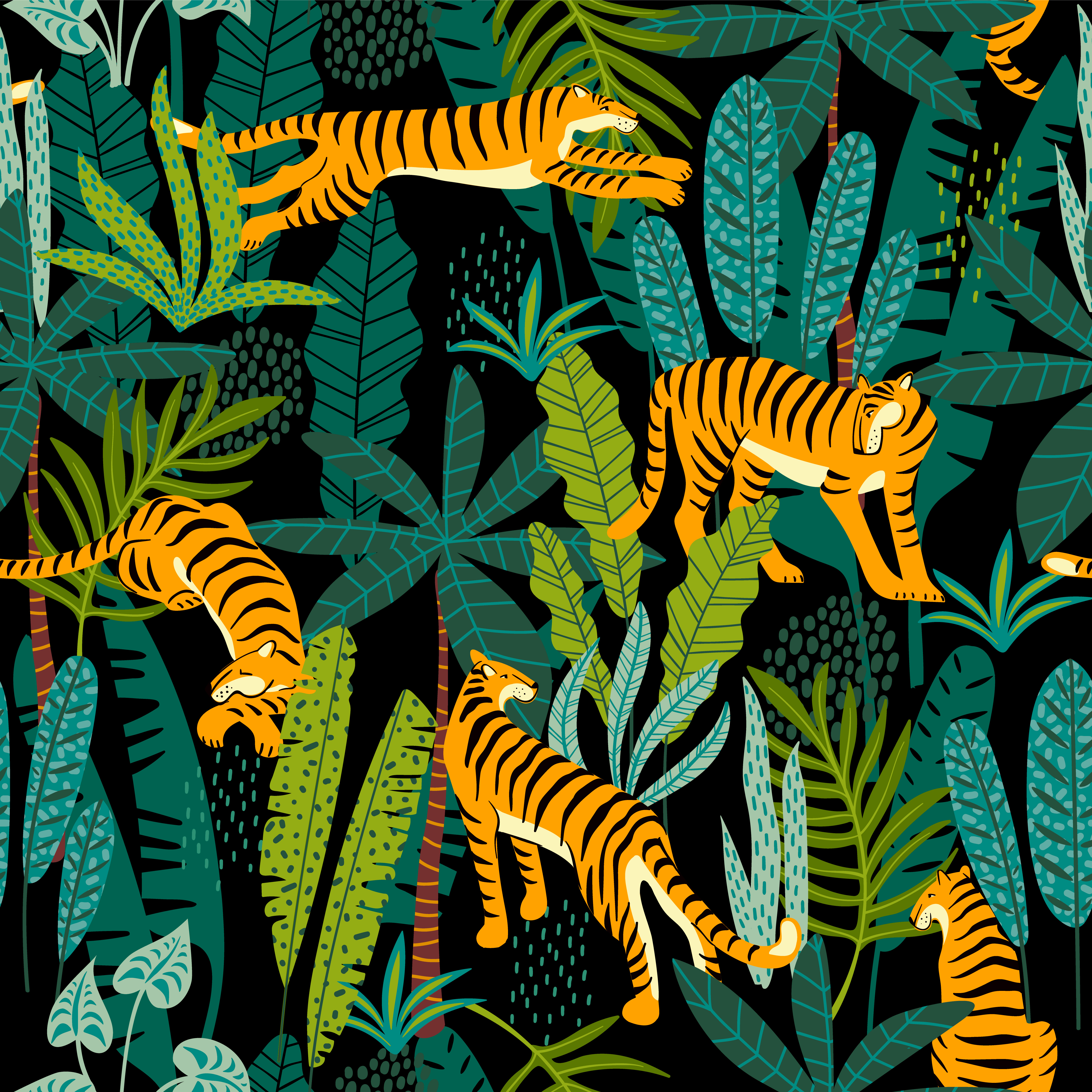 Seamless exotic pattern with tigers in the jungle. 276613 - Download