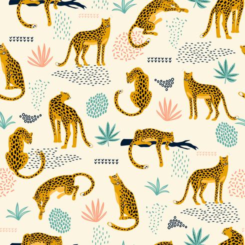 Vestor seamless pattern with leopards and abstract tropical leaves. vector