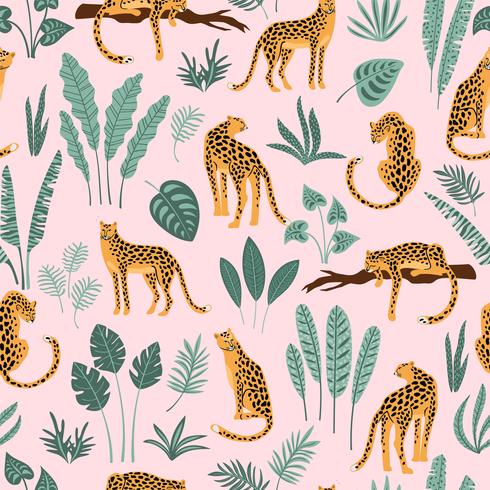 Vestor seamless pattern with leopards and tropical leaves. vector