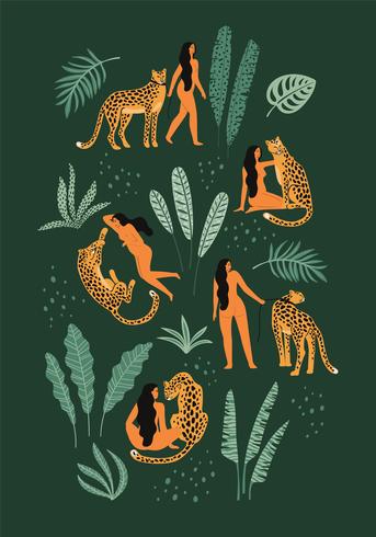 Se salvaje. Ilustraciones vectoriales de mujer con leopardo y hojas tropicales. vector