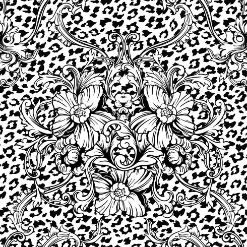 Eclectic fabric seamless pattern. Animal background with baroque ornament. vector