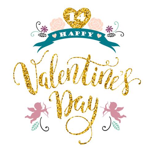 Feliz día de San Valentín. Dibujado a mano diseño de letras con textura brillo. vector