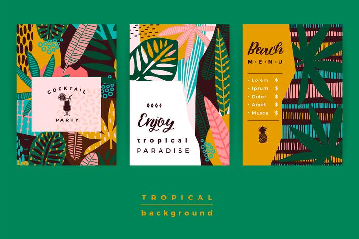 Conjunto de plantillas creativas abstractas con hojas tropicales. vector