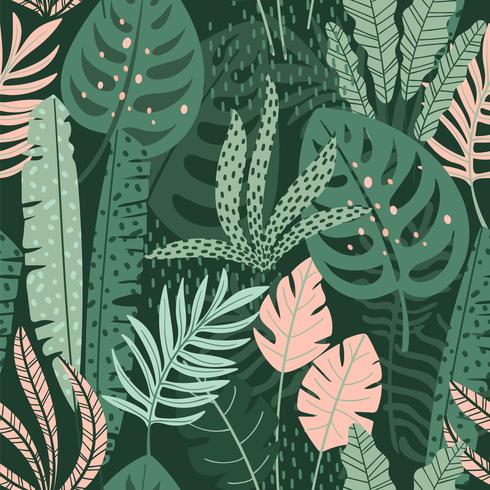 Abstract seamless pattern with tropical leaves. Hand draw texture. vector