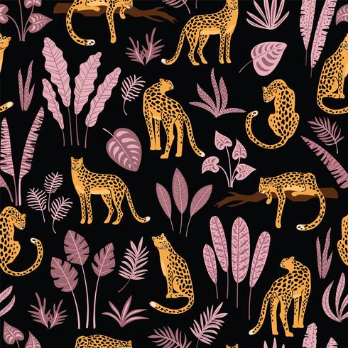 Vestor seamless pattern with leopards and tropical leaves. vector