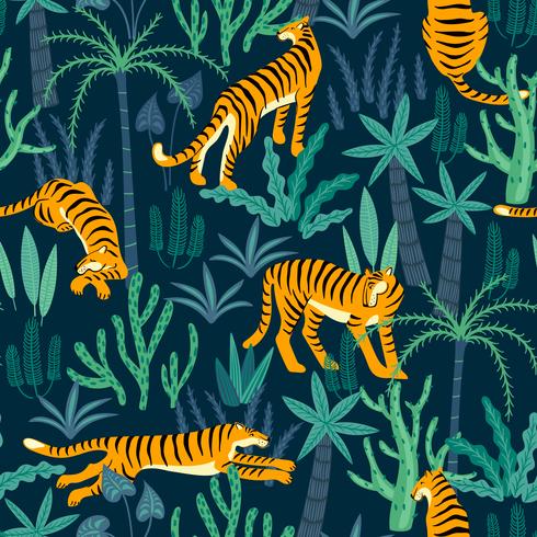Seamless exotic pattern with tigers in the jungle. vector