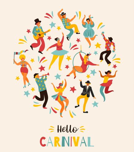 Hola carnaval ilustración vectorial de divertidos hombres y mujeres bailando en trajes brillantes. vector