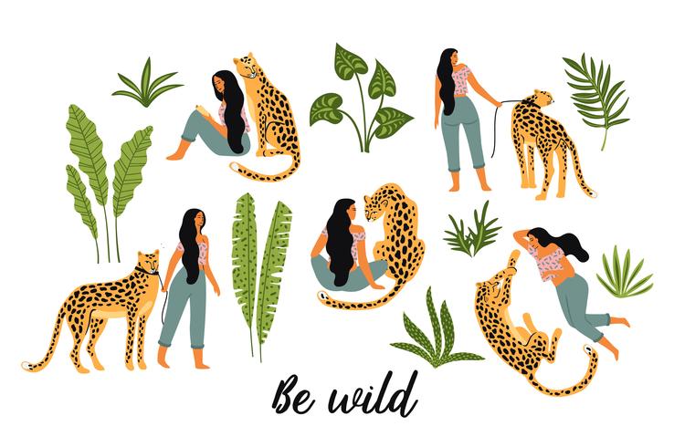 Se salvaje. Ilustraciones vectoriales de mujer con leopardo y hojas tropicales. vector