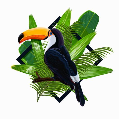 Ilustración de vector con hojas tropicales y pájaro tucán en una rama