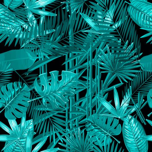 Seamless pattern with tropical palm leaves on black background. vector