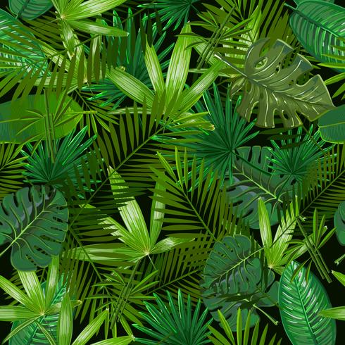 Seamless pattern with tropical palm leaves on black background. vector