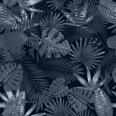 Seamless pattern with tropical palm leaves on black background vector