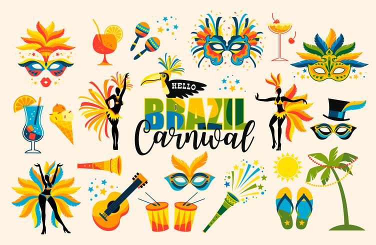 Carnaval brasileño Conjunto de iconos Vector. vector