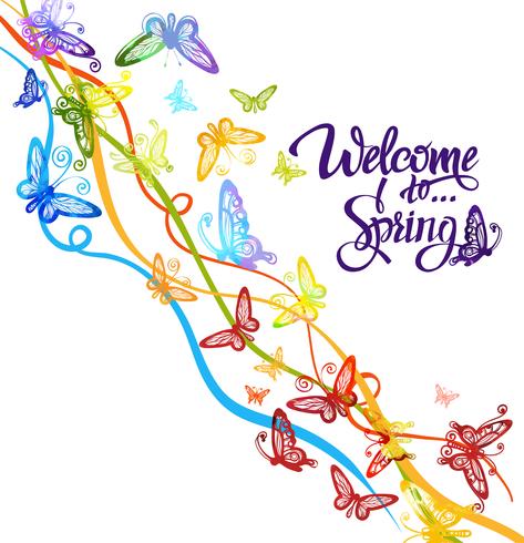 Inscription Welcome to spring around watercolor multicolored butterflies vector