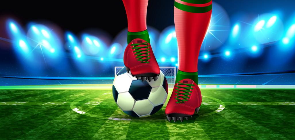 Soccer ball on Football Arena with a part of the foot of a football player vector
