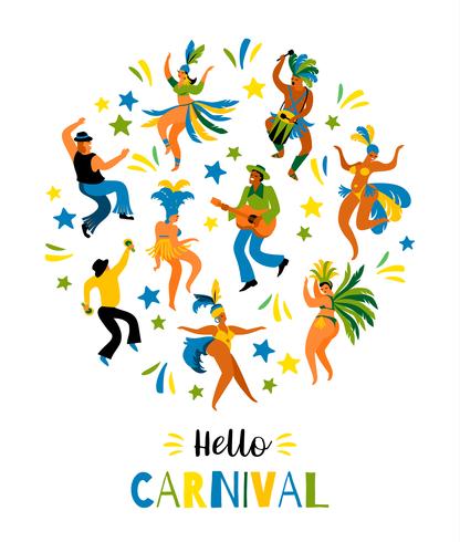 Carnaval de Brasil. Vector el ejemplo de hombres y de mujeres divertidos del baile en trajes brillantes.