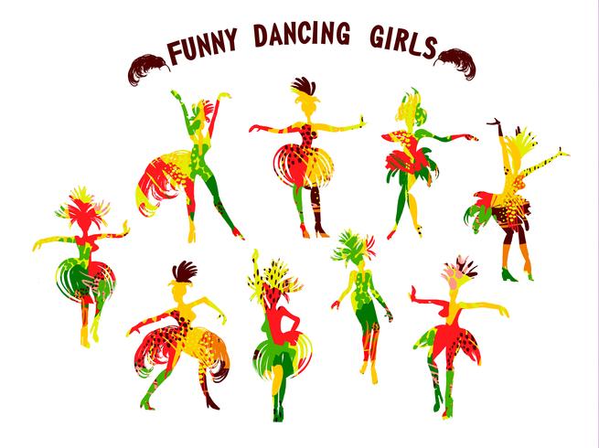 Vector illustration of funny dancing girls in bright carnival costumes