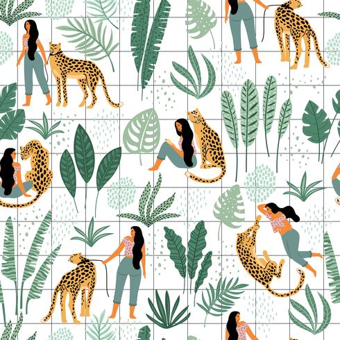 Patrón transparente de vector con mujeres, leopardos y hojas tropicales.
