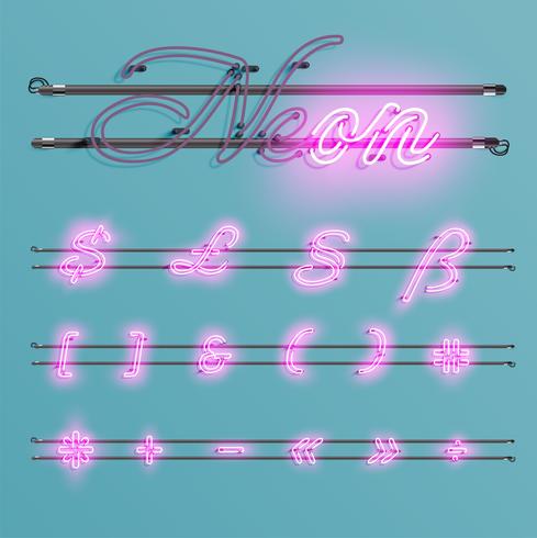 Realistic neon font with wires and console, vector illustration