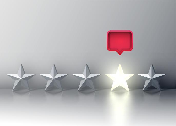 Five-star rating with glowing star and a red speech bubble above, vector illustartion