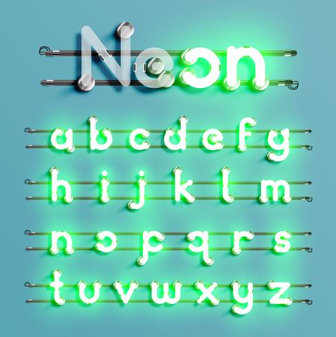 Realistic neon font with wires and console, vector illustration