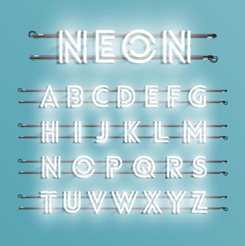 Realistic neon font with wires and console, vector illustration