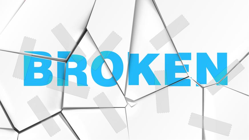 Word of 'BROKEN' on a broken white surface, vector illustration