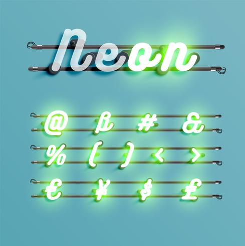 Realistic neon font with wires and console, vector illustration