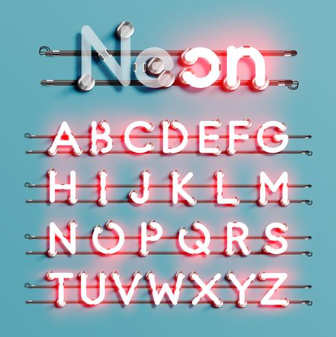 Realistic neon font with wires and console, vector illustration